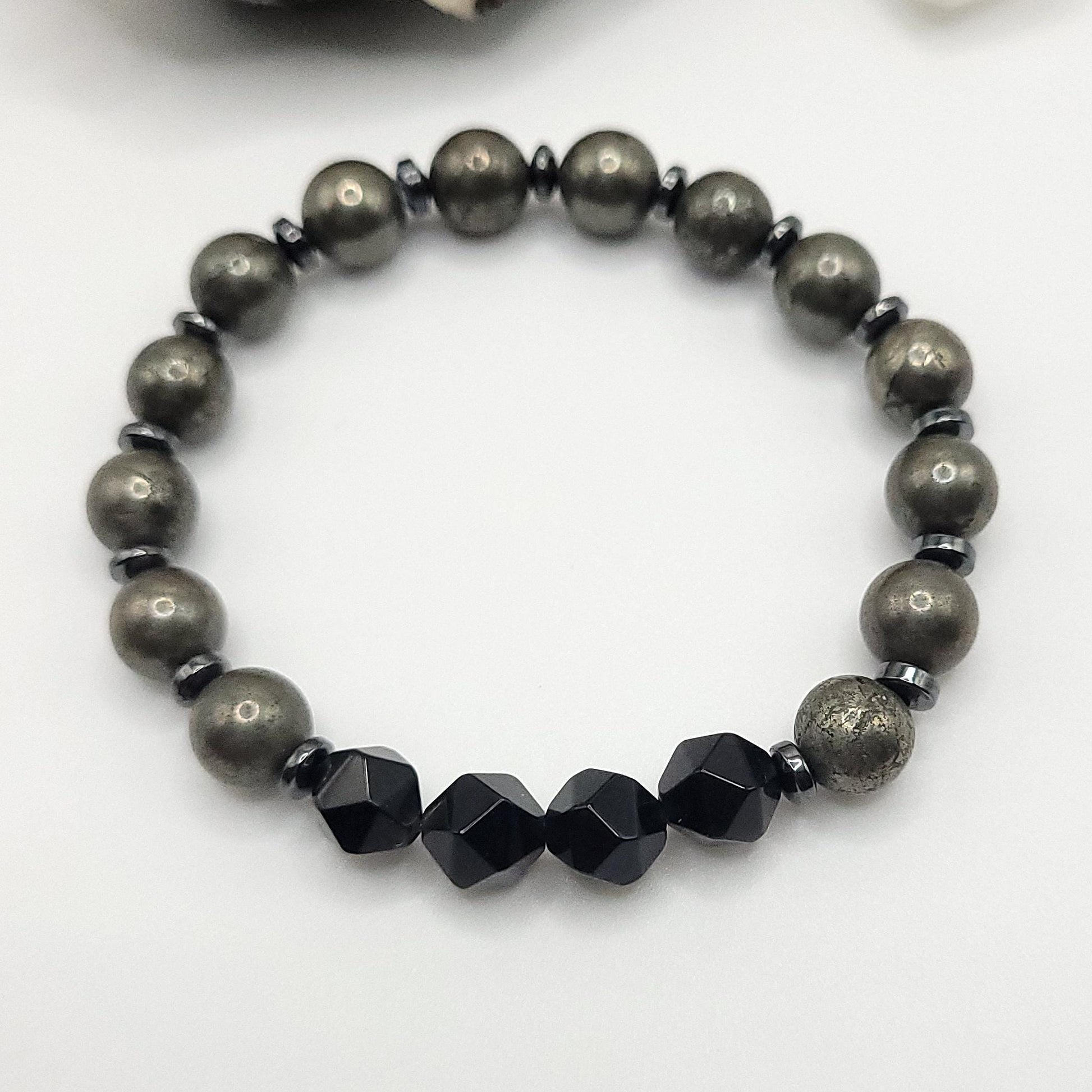 Pyrite, Onyx and Hematite Crystal Stretch Bracelet