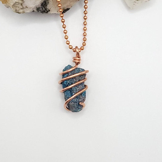 Raw Blue Apatite Crystal Necklace in Copper