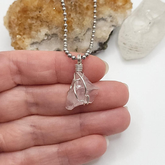 Raw Rose Quartz Crystal Necklace in Silver