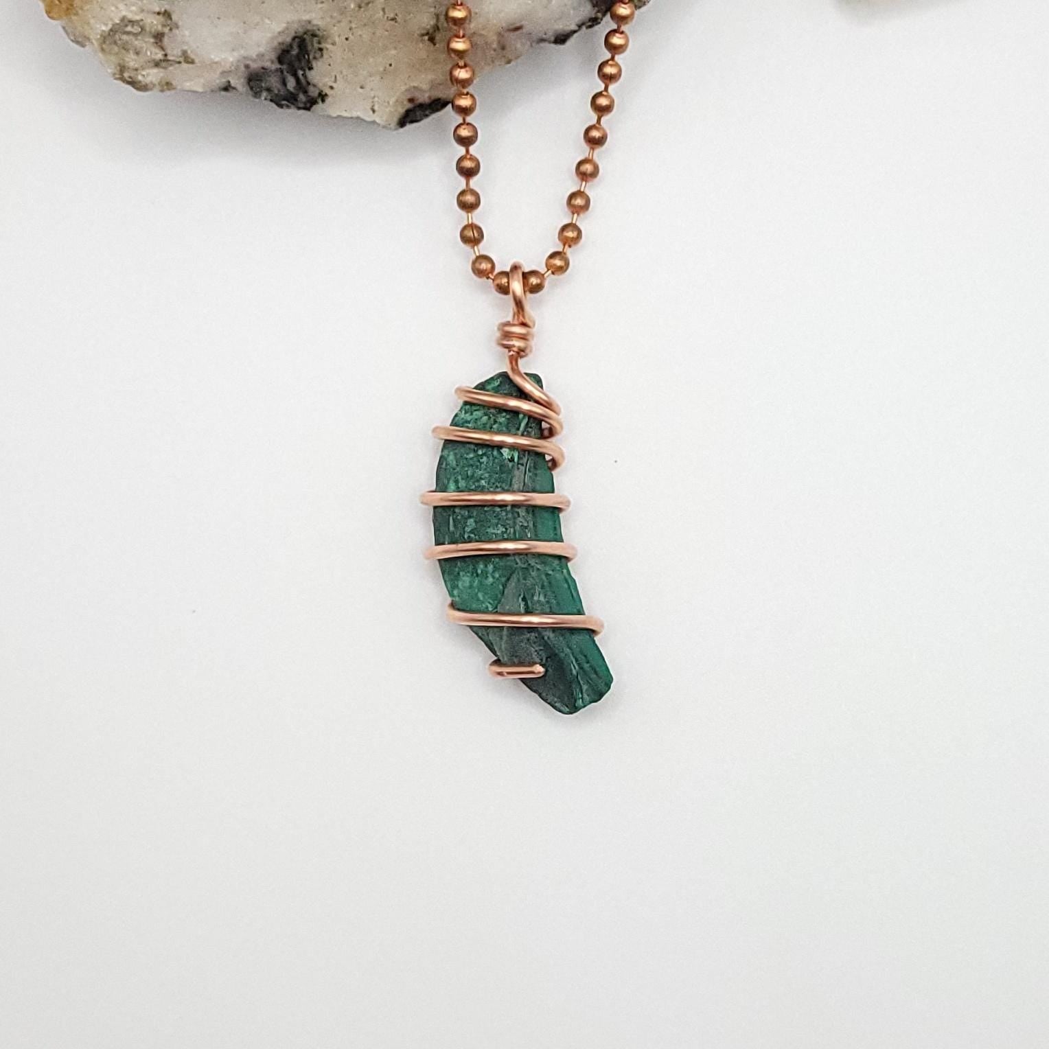 Raw Malachite Crystal Necklace in Copper