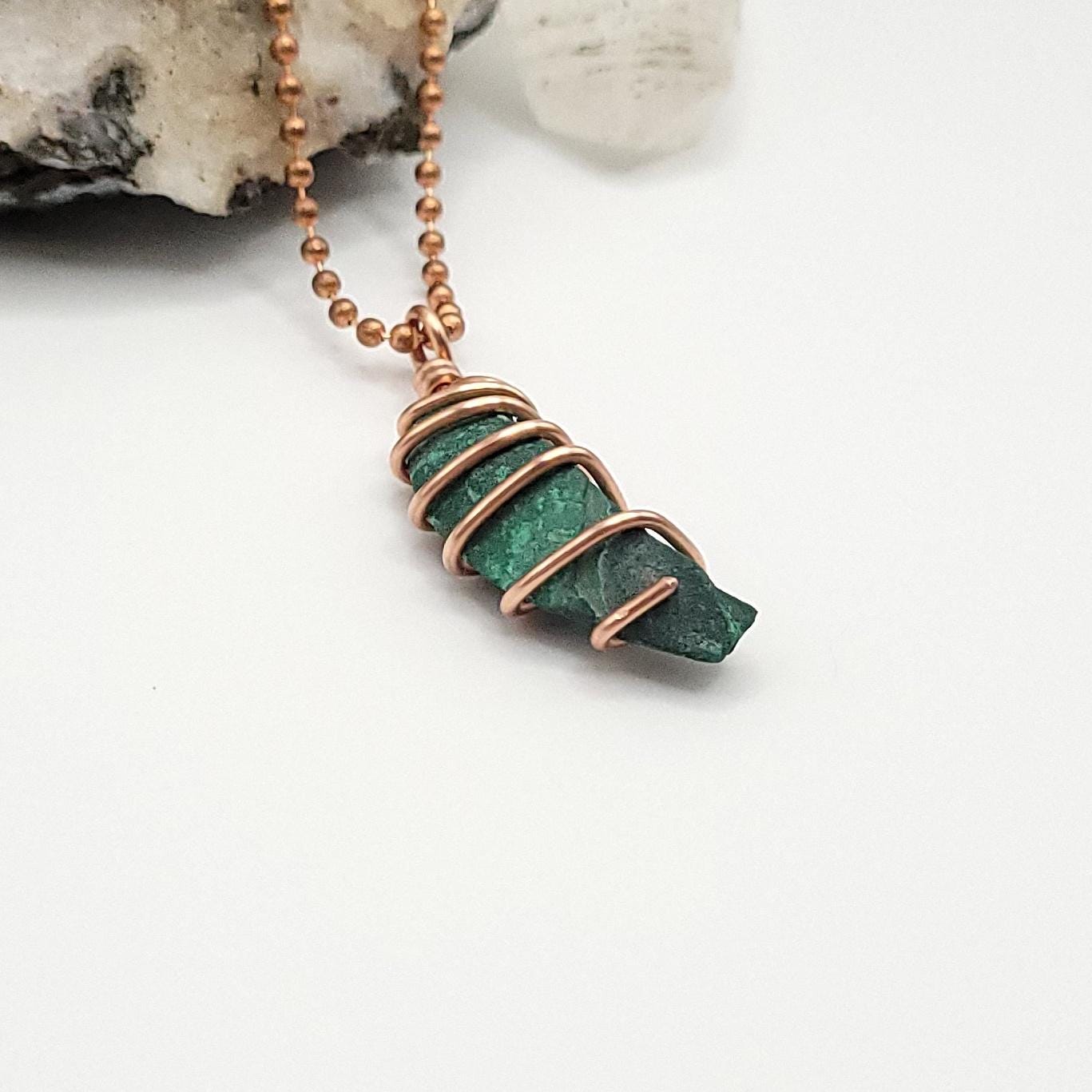 Raw Malachite Crystal Necklace in Copper