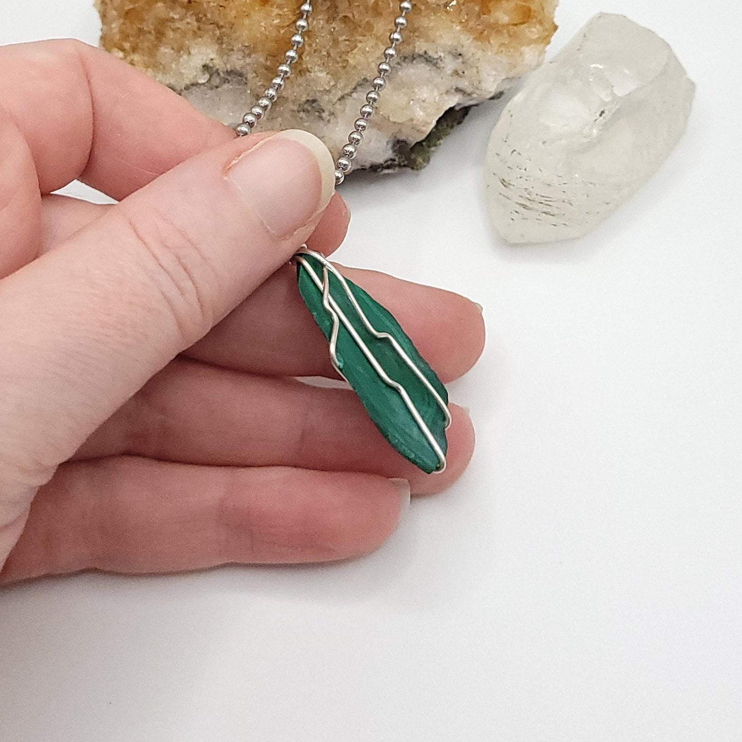 Raw Malachite Crystal Necklace in Silver