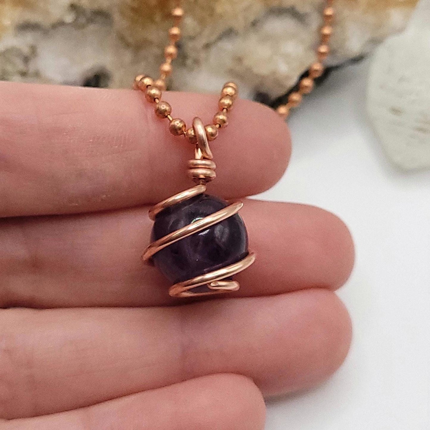 Amethyst Crystal Sphere Necklace in Copper