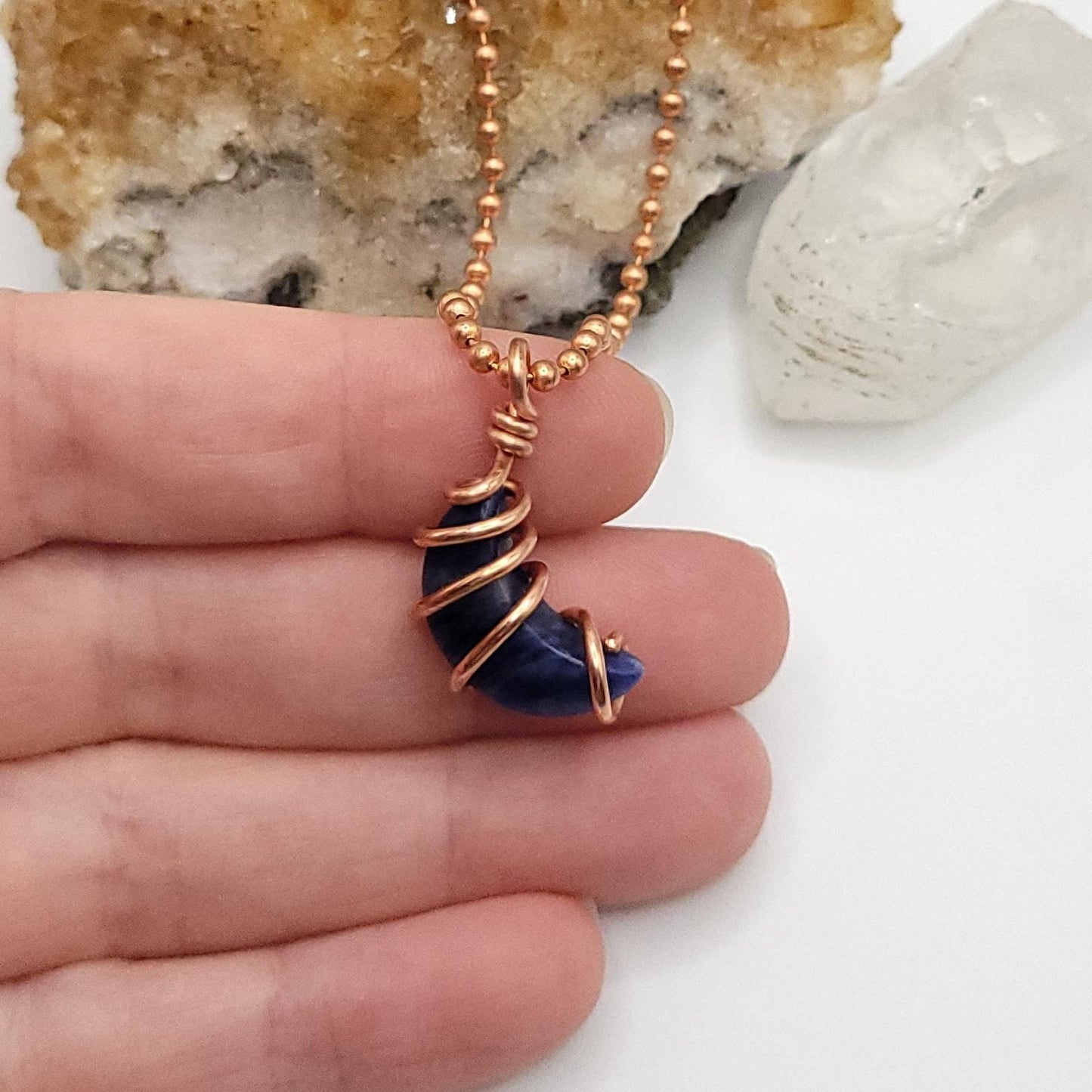 Sodalite Crystal Moon Necklace in Copper