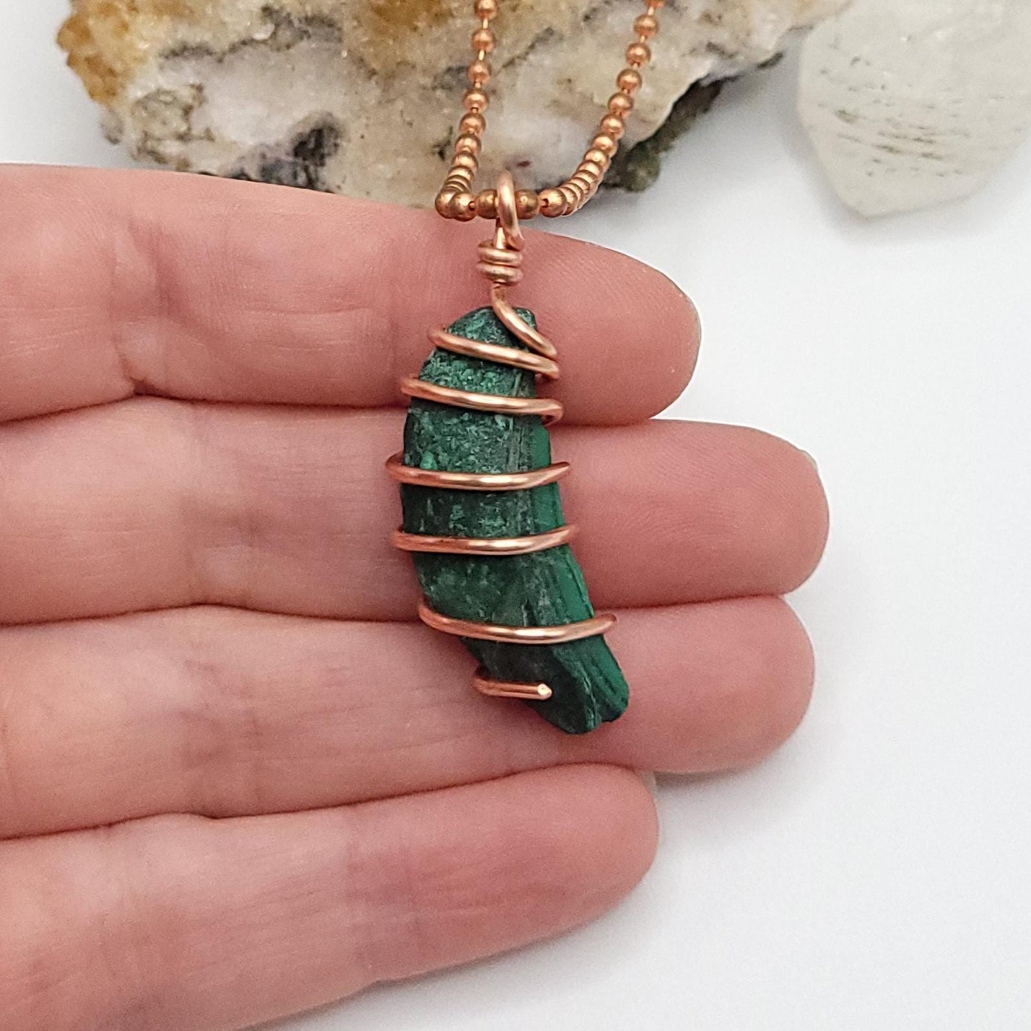 Raw Malachite Crystal Necklace in Copper