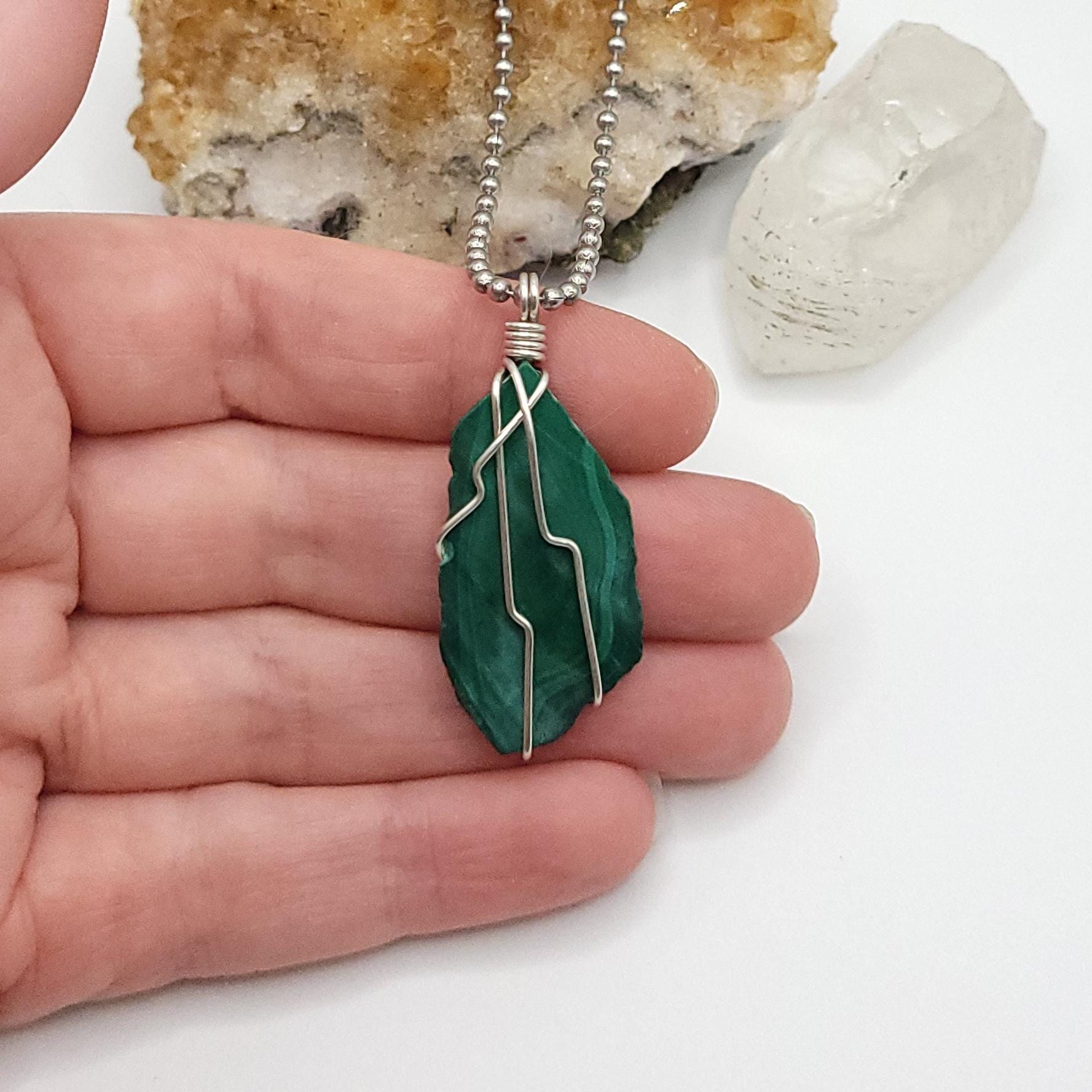 Raw Malachite Crystal Necklace in Silver