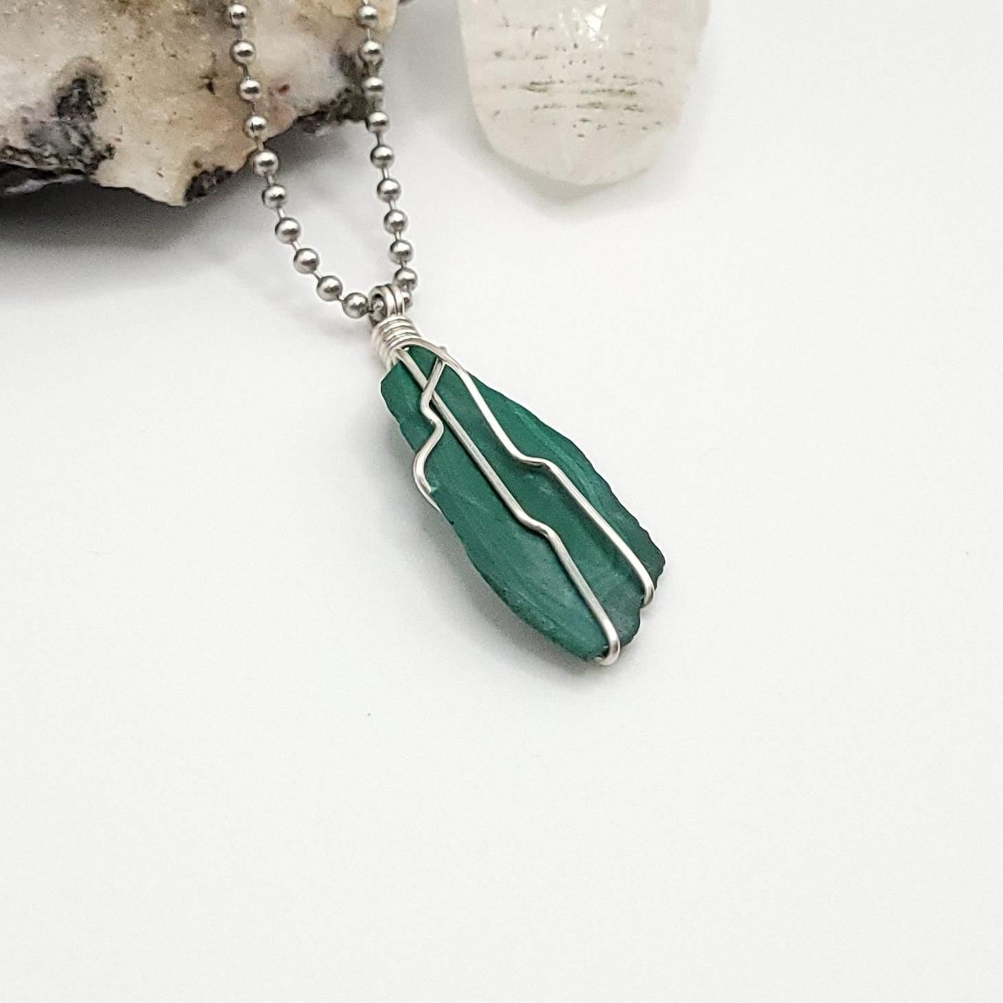 Raw Malachite Crystal Necklace in Silver