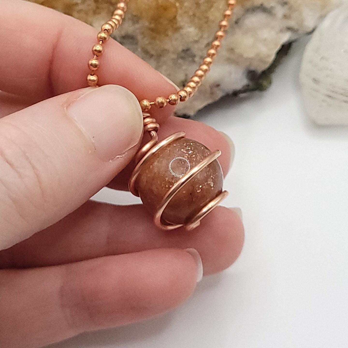 Sunstone Crystal Sphere Necklace in Copper