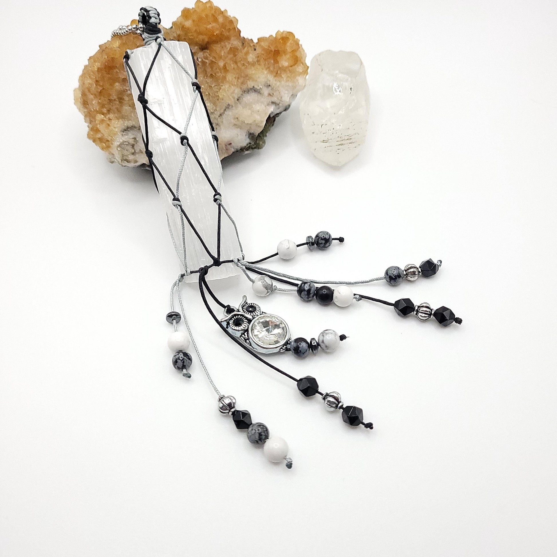 Owl Selenite Car Charm, Selenite Decor, Crystal Sun Catcher, Rear view Mirror Charm, Ornament, Wall Hanging