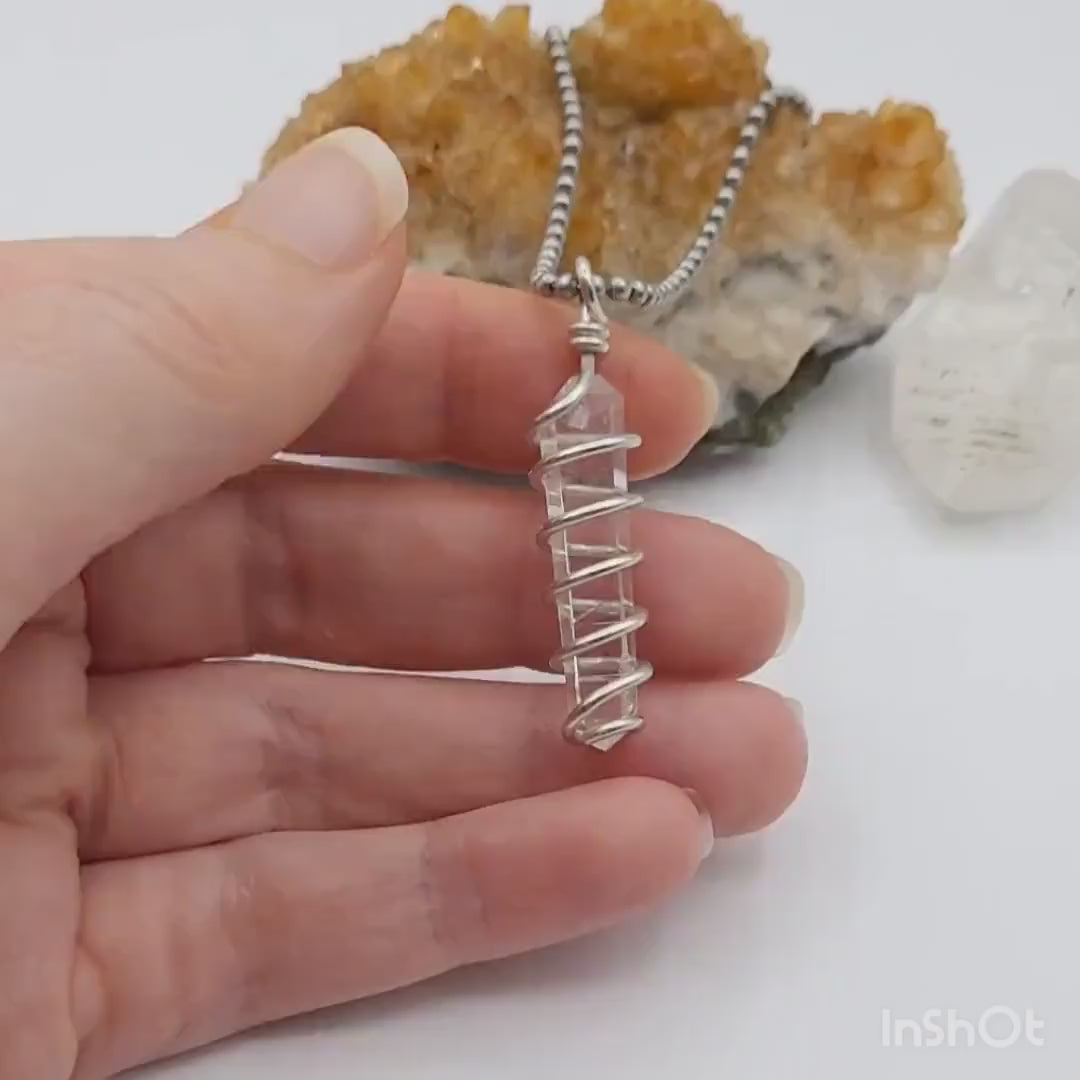 Lemurian Crystal Necklace, Wire Wrapped Lemurian Pendant
