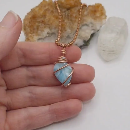 Larimar Leaf Necklace, Copper Wire Wrapped Larimar Pendant