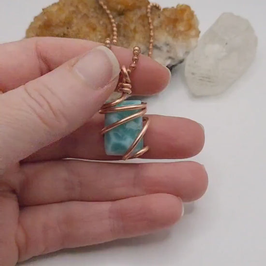 Larimar Necklace, Copper Wire Wrapped Larimar Pendant