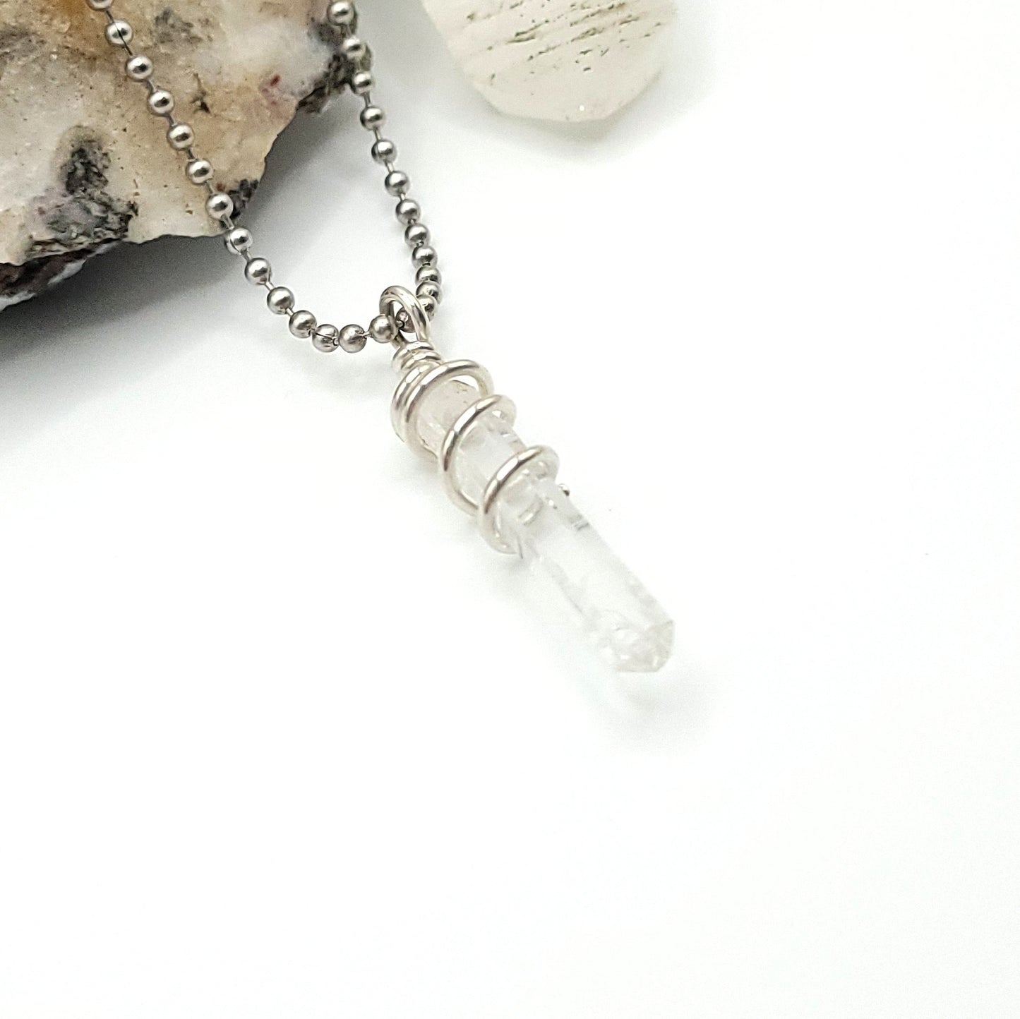 colombian lemurian quartz necklace in sterling silver on white background