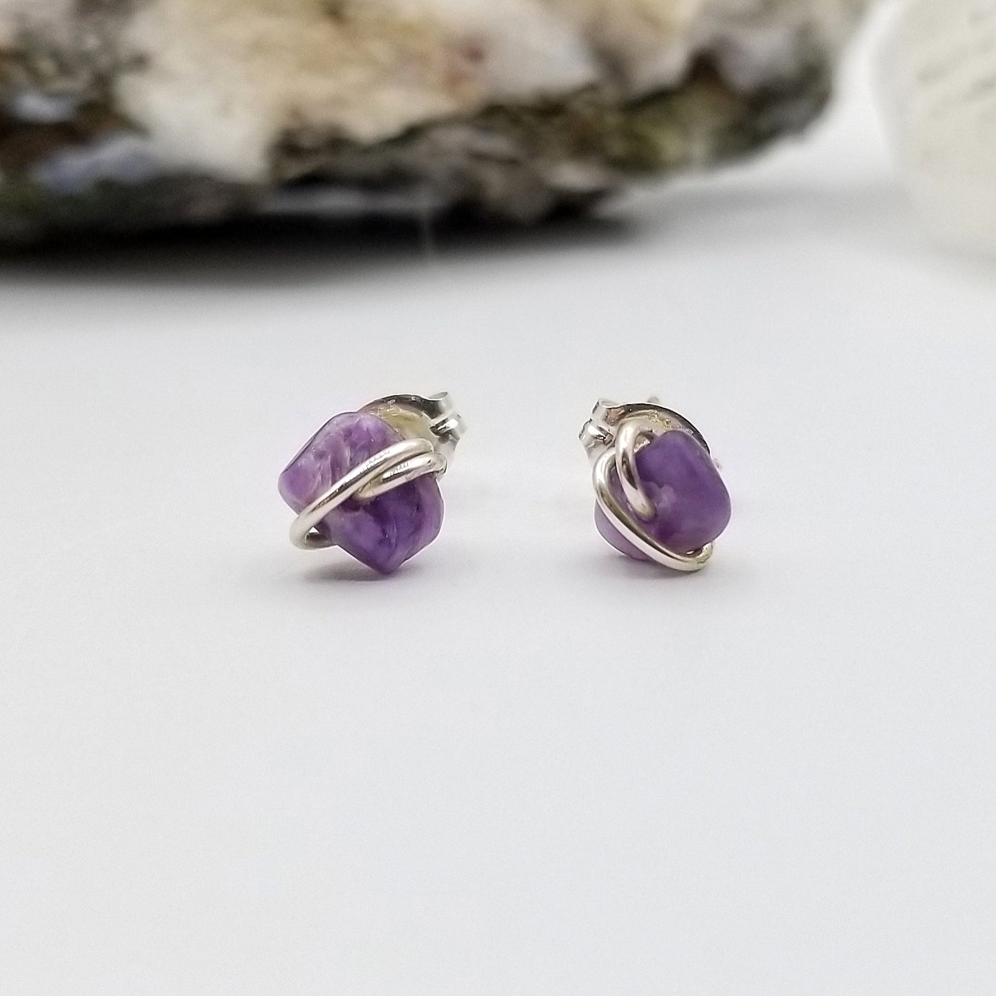 Charoite Crystal Stud Earrings with Sterling Silver Wire