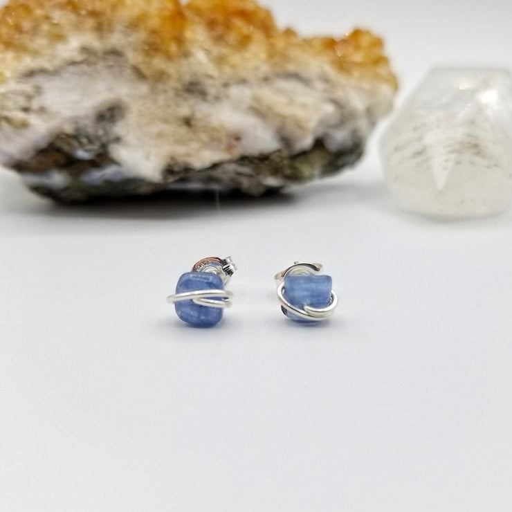 Blue Kyanite Crystal Stud Earrings with Sterling Silver