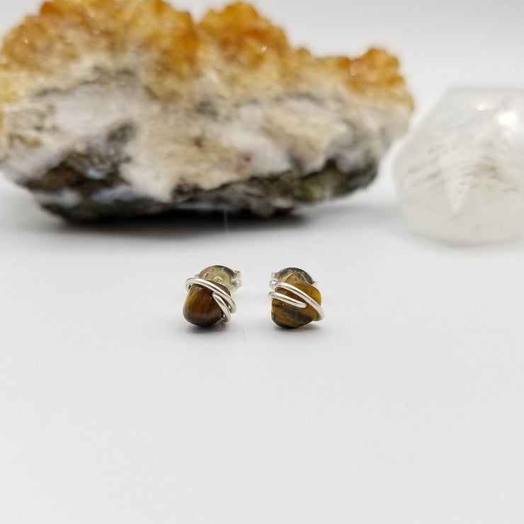 Tiger's Eye Crystal Stud Earrings with Sterling Silver Wire