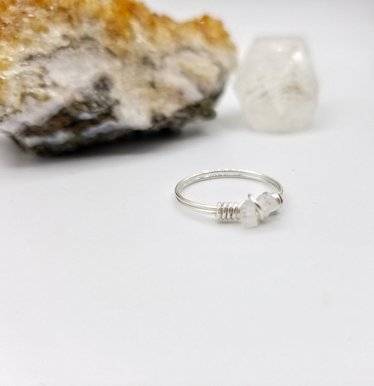 Rainbow Moonstone Ring, Sterling Silver Wire Wrapped Ring
