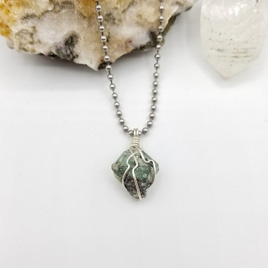 Raw Green Kyanite Crystal Necklace in Silver Wire