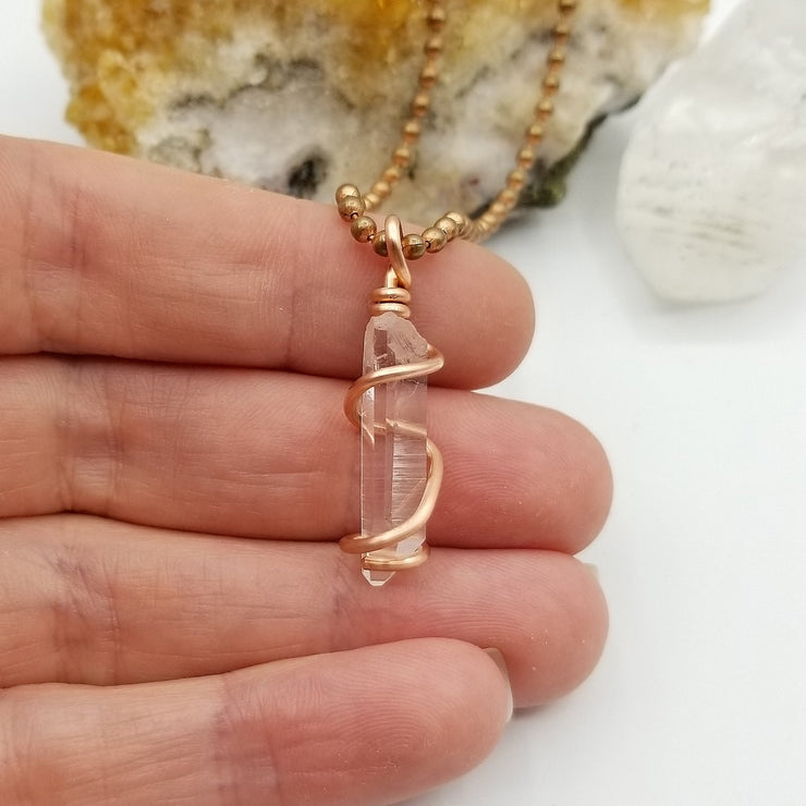 Clear Quartz Necklace, Wire Wrapped Clear Quartz Pendant