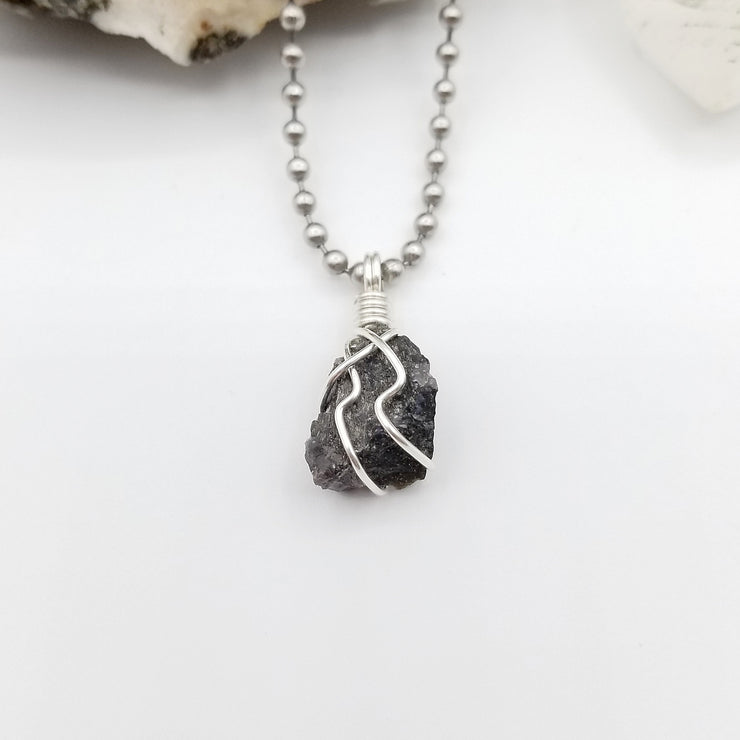 Mystic Merlinite Necklace, Silver Wire Wrapped Indigo Gabbro Pendant