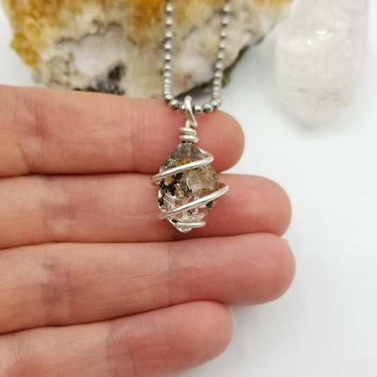 Herkimer Diamond Quartz Necklace, Silver Wire Wrapped Herkimer Pendant