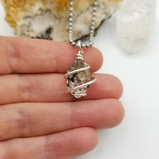 Raw Herkimer Diamond Quartz Crystal Necklace in Silver Wire