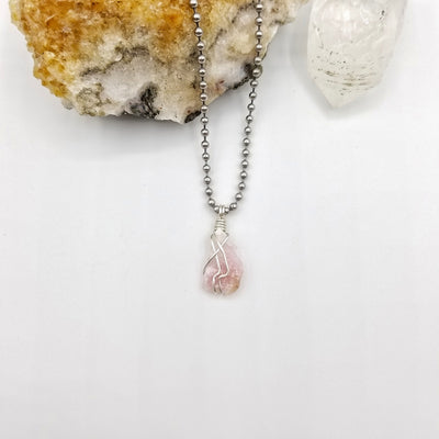 Pink Moonstone Necklace, Silver Wire Wrapped Moonstone Pendant