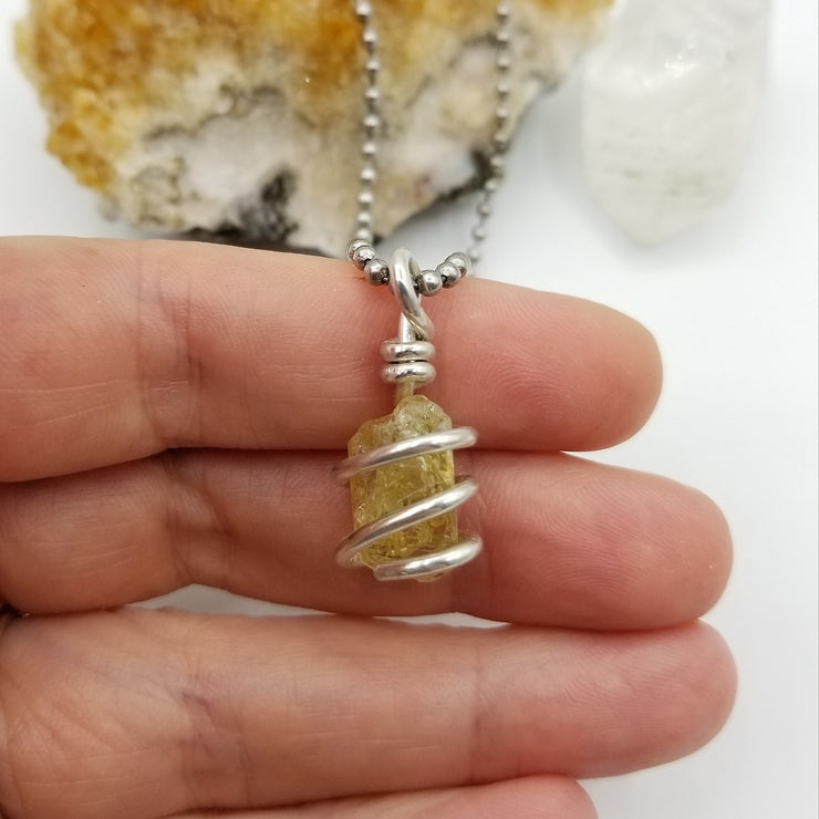 Yellow Apatite Necklace Silver Wire Wrapped Pendant
