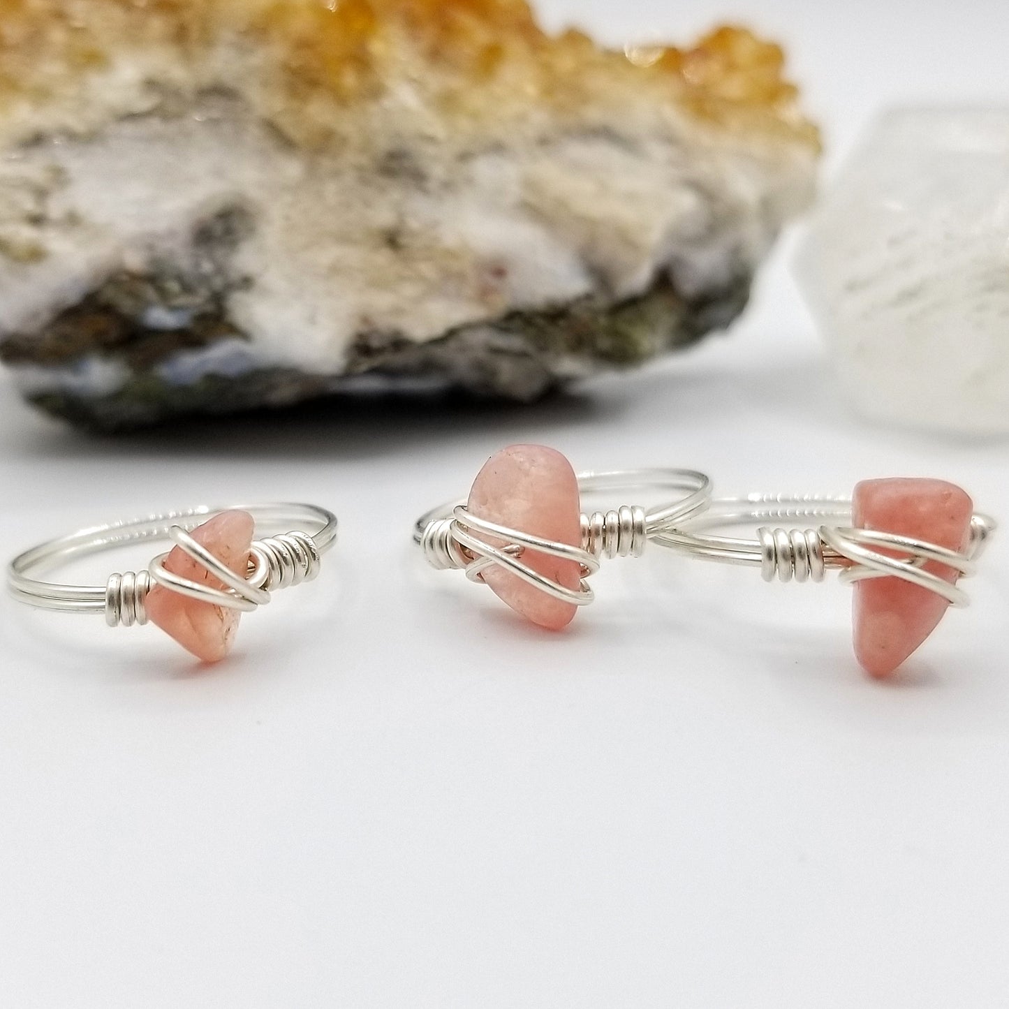 Rhodochrosite Ring, Wire Wrapped Silver Ring