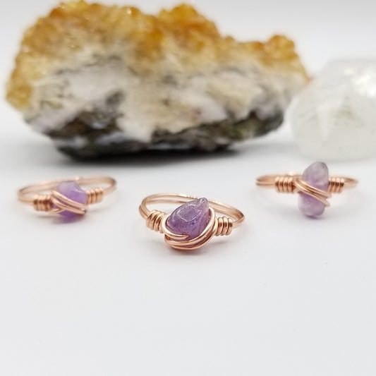 Amethyst Ring, Copper Wire Wrapped Ring