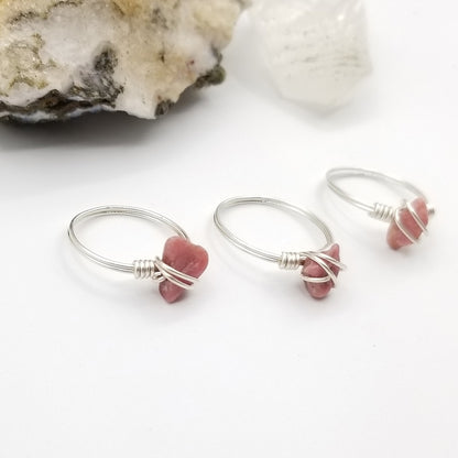 Rhodonite Ring, Sterling Silver Wire Wrapped Rhodonite Ring