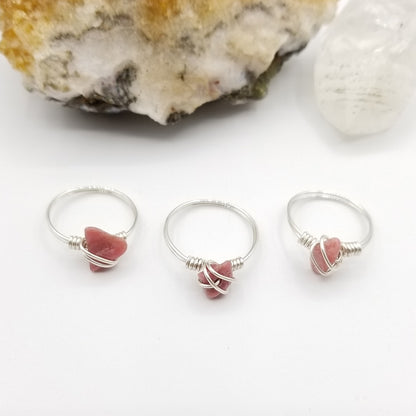 Rhodonite Ring, Sterling Silver Wire Wrapped Rhodonite Ring