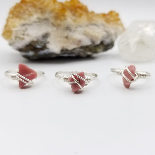 Rhodonite Ring, Silver Wire Wrapped Ring