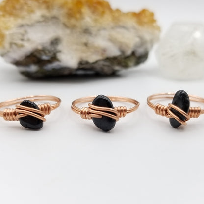 Black Tourmaline Ring, Copper Wire Wrapped Ring