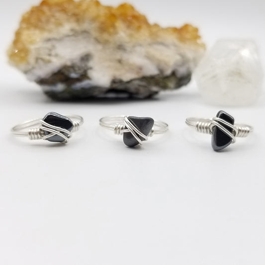 Hematite Ring, Sterling Silver Wire Wrapped Ring