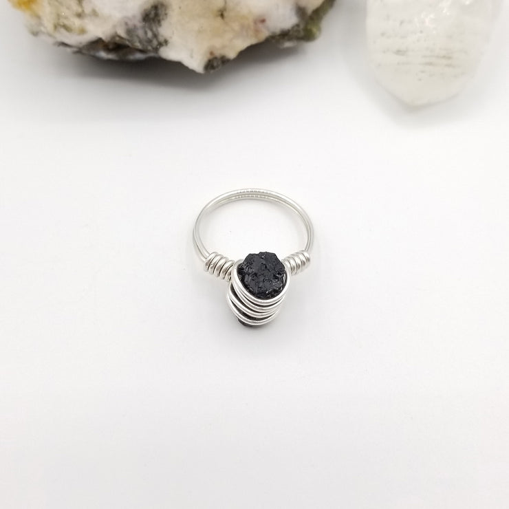 Raw Black Tourmaline Ring Silver Wire Wrapped