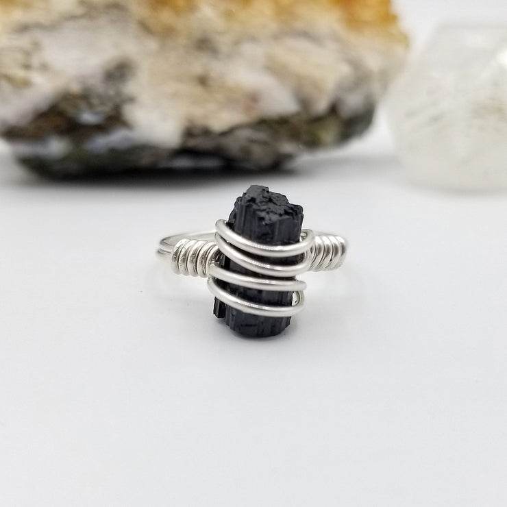 Raw Black Tourmaline Ring Silver Wire Wrapped