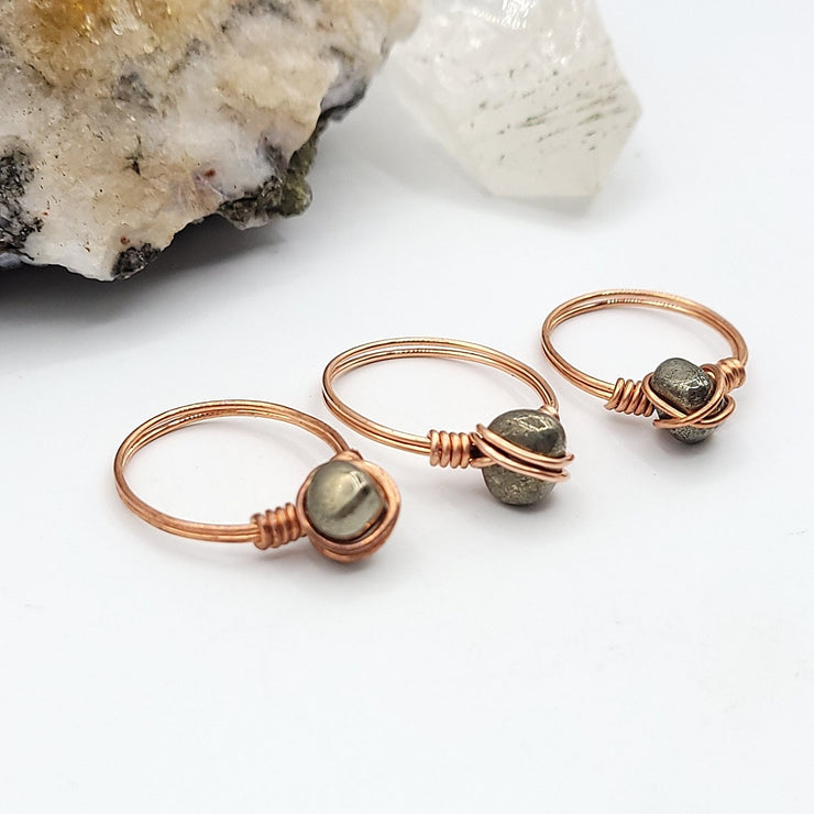 Pyrite Ring, Copper Wire Wrapped Pyrite