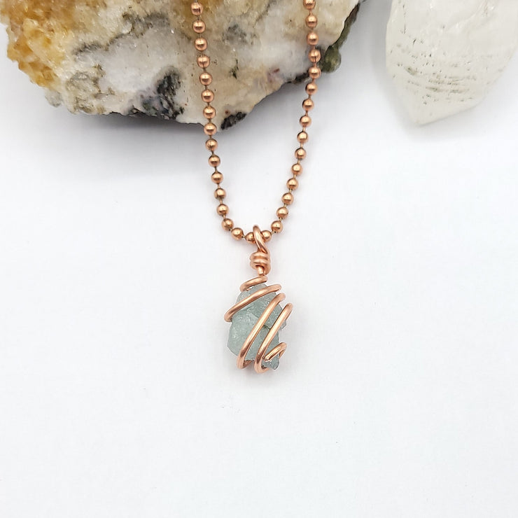 Aquamarine Crystal Necklace, Copper Wire Aquamarine Pendant