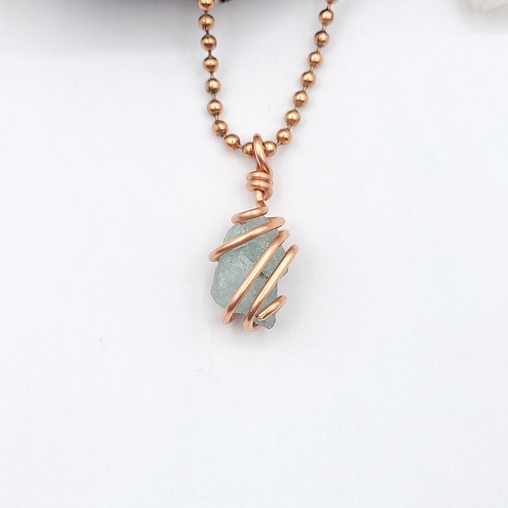 Aquamarine Crystal Necklace, Copper Wire Aquamarine Pendant