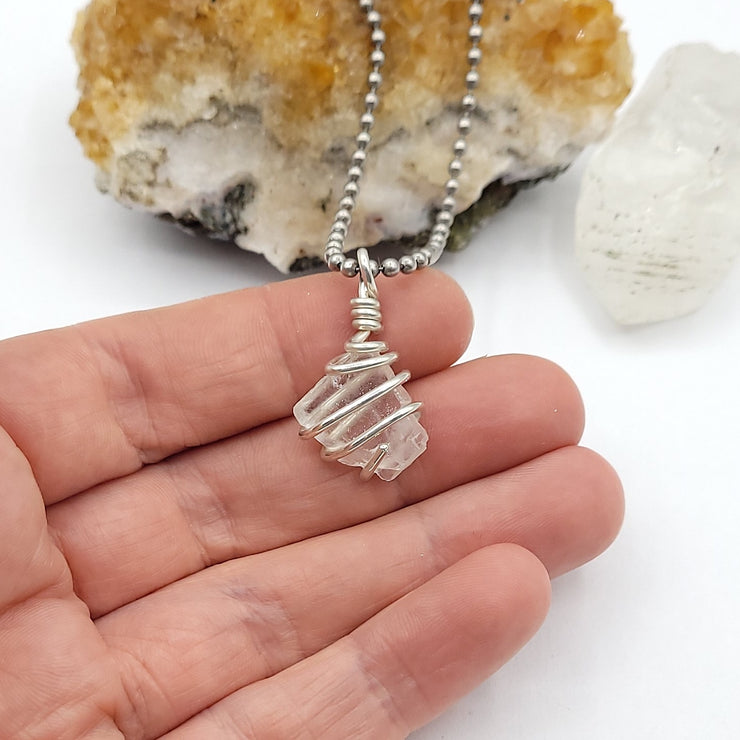 Optical Calcite Crystal Necklace, Silver Wire Wrapped Calcite Pendant