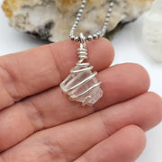 Optical Calcite Crystal Necklace, Silver Wire Wrapped Calcite Pendant
