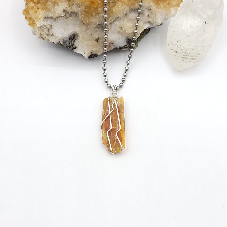 Orange Kyanite Crystal Necklace, Silver Wire Wrapped Orange Kyanite Pendant