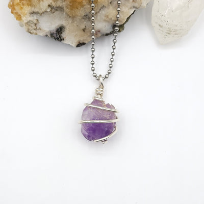 Amethyst Necklace, Silver Wire Wrapped Amethyst Pendant, Crystal Healing Jewelry