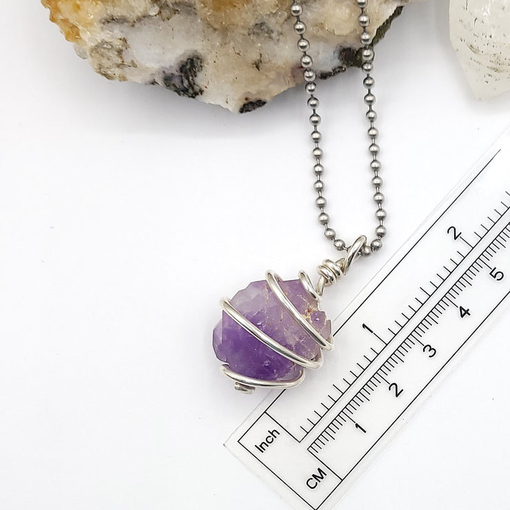 Amethyst Necklace, Silver Wire Wrapped Amethyst Pendant, Crystal Healing Jewelry