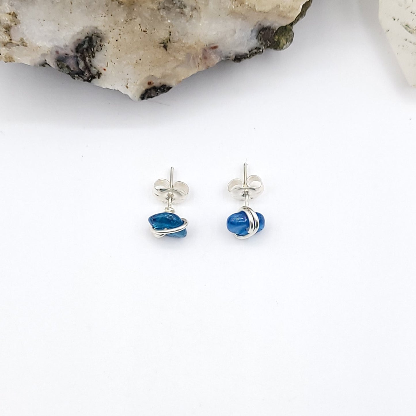 Blue Apatite Crystal Stud Earrings in Sterling Silver Wire