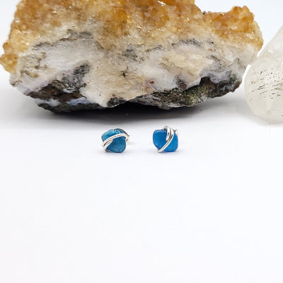 Blue Apatite Crystal Stud Earrings with Sterling Silver Wire
