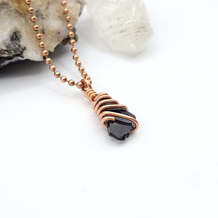 Black Obsidian Crystal Necklace, Copper Wire Wrapped Obsidian Pendant