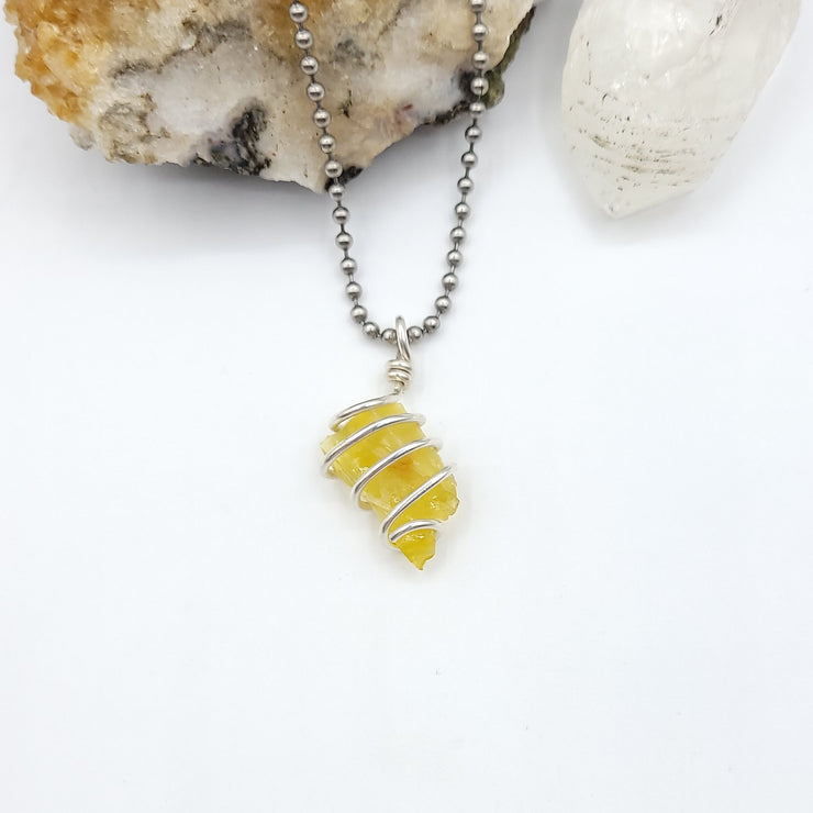 Raw Yellow Opal Necklace, Silver Wire Wrapped Yellow Opal Pendant