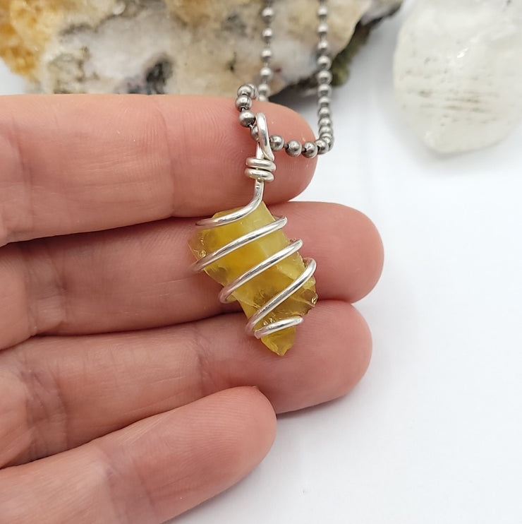 Raw Yellow Opal Necklace, Silver Wire Wrapped Yellow Opal Pendant